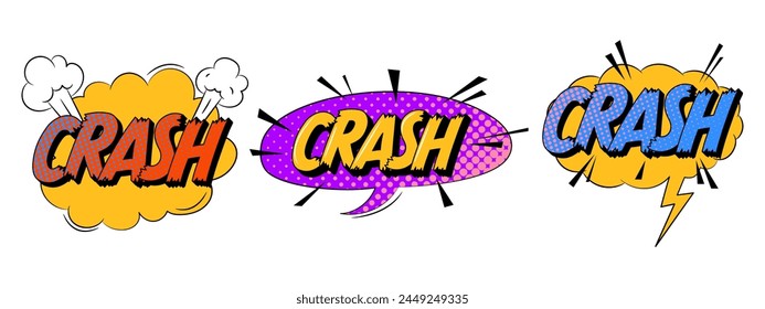 Cartoon explosions comical speech bubbles in trendy retro style. Crash text