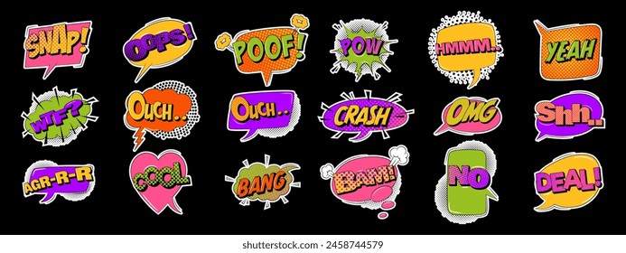 Cartoon explosions comical speech bubbles in trendy retro style. Collection of pop art stickers