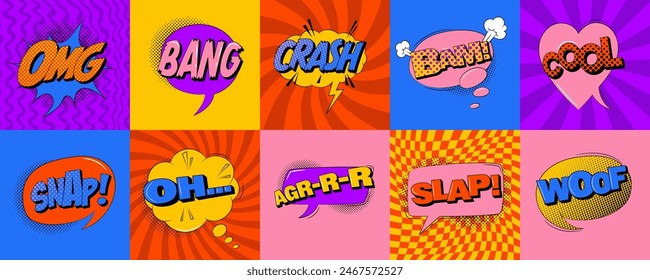 Cartoon explosions comical speech bubbles in trendy pop art style