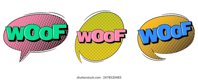 Cartoon explosions comical speech bubbles in trendy retro style. WOOF text.