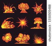 Cartoon explosions. Fire bang with smoke effect of explode dynamite. Danger explosive, bomb detonation atomic flash. Mobile game vector destruction motion burst set