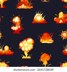 Cartoon explosions seamless pattern. Red dynamite bombs explosion effects. Energy print design for fabric, wallpaper, wrapping, vector background