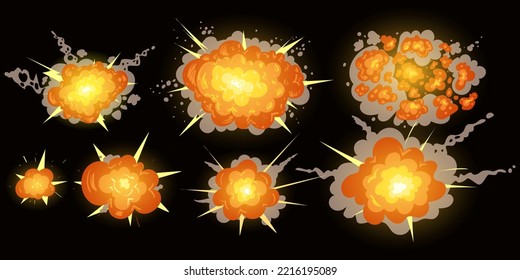 Cartoon explosions set on black screen. Vector flame from the detonation of explosives or combustible materials. An effect to add to burning designs. Stock illustration of destructive energy.