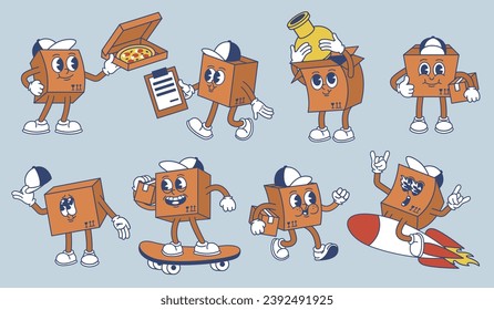 Cartoon express delivery box mascot. Rocket fast parcel delivery, happy courier character isolated vector illustration set of delivery box cartoon characte