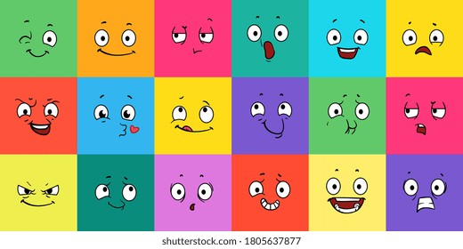 Cartoon expression faces. Comic emoji emotions, funny face. Winking, scary and laughing caricatures. Eyes and mouth, emoticons vector illustration