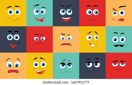 Cartoon expression faces. Funny characters with happy sad angry surprised shy expressions, faces mouth and eyes kawaii manga emotions. Comic emoticon set, vector illustration