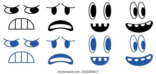 Conjunto de Faces de Expressão de Desenho Animado. Engraçado e Emocional Caracter Eyes e Boca Ícones Vetoriais.