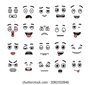 Cartoon expressions. Character face expressing, mouths and eyes. Diverse emotions, isolated fun, serious, winking comic decent vector icons