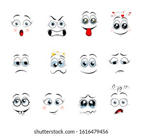 Cartoon expressions. Cute face elements eyes and mouths with happy, sad and angry, disbelief emotions. Cartoon eyes. Vector illustration 