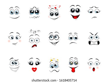 Cartoon expressions. Cute face elements eyes and mouths with happy, sad and angry, disbelief emotions. Cartoon eyes. Vector illustration 