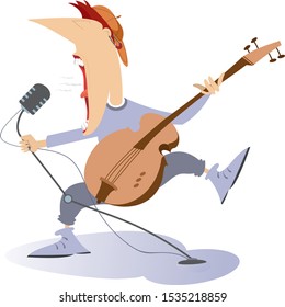 Cartoon expressive guitarist illustration. Guitarist is playing music and singing with the great inspiration isolated on white
