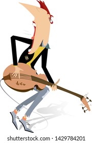 Cartoon expressive guitarist isolated illustration. Guitarist is playing music and singing with the great inspiration
