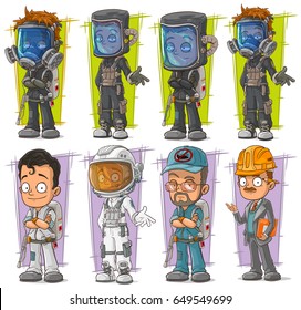 Cartoon exterminator with gas mask and scientist engineer character vector set