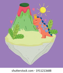 cartoon extinct dino and volcano tropical vector illustration