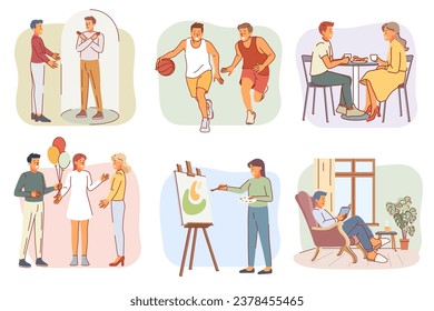 Cartoon extravert and introvert people. Social distance, orientation inwards and outwards, open and closed character type. Active and calm happy men and women communication. Vector isolated set