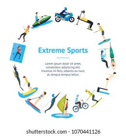 Cartoon Extreme Sports People Banner Card Circle Activity Lifestyle Concept Include of Sailing, Skating, Cycling Flat Design Style. Vector illustration of Sport Signs