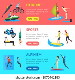 Cartoon Extreme Sports People Banner Horizontal Set Activity Lifestyle Concept Include of Sailing, Skating, Cycling Flat Design Style. Vector illustration of Sport Signs