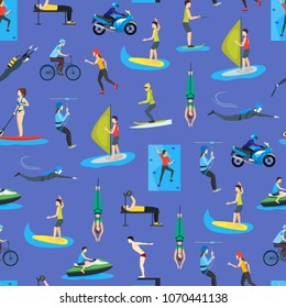 Cartoon Extreme Sports People Seamless Pattern Background Activity Lifestyle Concept Include of Sailing, Skating, Cycling Flat Design Style. Vector illustration of Sport Signs