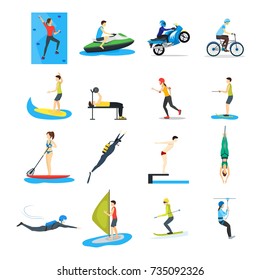 Cartoon Extreme Sports People Set Activity Lifestyle Concept Include of Sailing, Skating, Cycling Flat Design Style. Vector illustration of Sport Signs