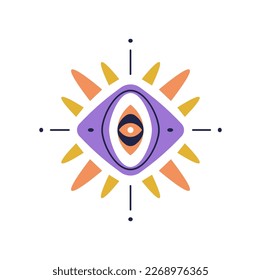 Cartoon eye illuminati talisman, all seeing eye mason amulet. Vector esoteric vision eyesight sign, mystical spiritual eye and abstract ethnic pattern