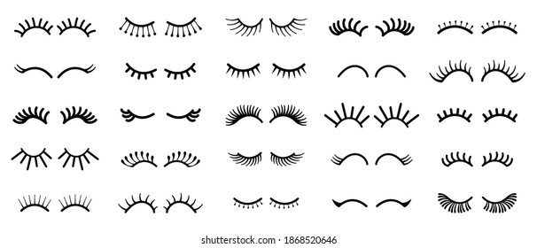 Cartoon eye. Outline cute eyelashes. Black contour minimalistic sketch of long curved female lashes. Decorative templates for girly prints. Advertising mockup for beauty cosmetics. Vector isolated set
