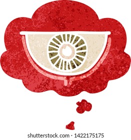 cartoon eye symbol with thought bubble in grunge distressed retro textured style