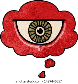 cartoon eye symbol with thought bubble in grunge texture style