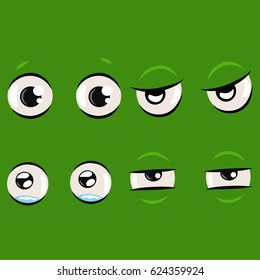 Cartoon eye vector. Comic expression of emotion: excited, crying, suspicious, seductive. Illustration set isolated on a green background.