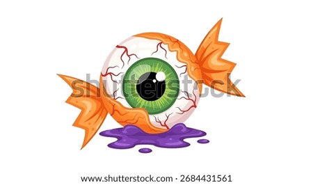 A cartoon eyeball candy with purple liquid dripping from it.