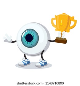 cartoon eyeball mascot holds the number one cup on white background