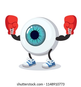 cartoon eyeball mascot in red boxing gloves on white background