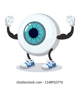 cartoon eyeball mascot shows its strength on a white background