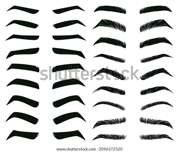 Cartoon eyebrows shapes, thin, thick and curved\
eyebrows. Classic eyebrows, brow makeup shaping vector illustration\
set. Various eyebrows types. Male and female different forms\
isolated on white