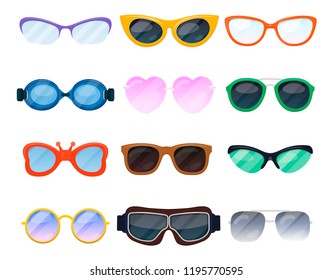 Cartoon Eyeglasses, Spectacles Eyewear Device And Accessory Set. Corrective Or Protective Fashion Glasses. Vector Flat Style Cartoon Illustration Isolated On White Background