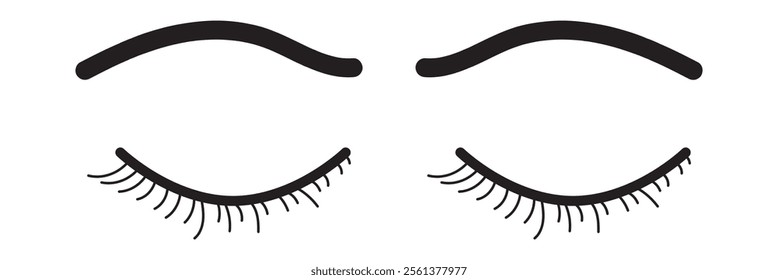 Cartoon eyelashes illustration. Cute eyelash icon. Mascara lash logo. Closed eyes symbol. Long lashes sign.