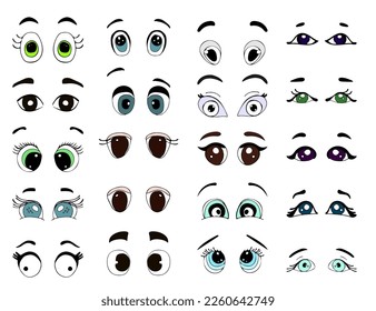 Cartoon eyes. Angry, surpriced, happy facial eyes expressions. Animal, human, kids eyes. Isolated vector illustration icons set