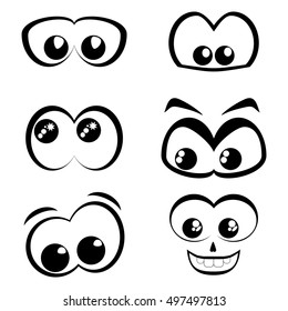 Cartoon eyes. Black and white set. Vector icon.