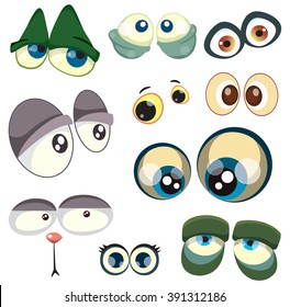 Cartoon eyes. Cartoon, cats, crocodile eyes. Set of funny cartoon eyes isolated on white. Birthday card with many eyes. Sad, wonder, lazy, cute, beauty, smart, cool,