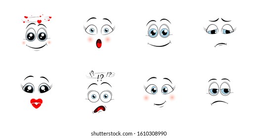 Cartoon eyes. Comic eye staring gaze watch, funny face parts facing smile cute, angry and joyful emotions. Vector illustration 