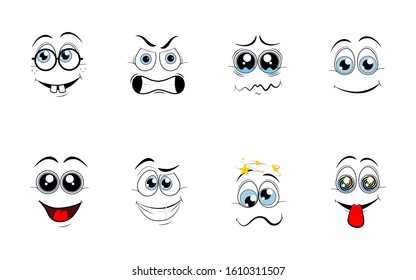 Cartoon eyes. Comic eye staring gaze watch, funny face parts facing smile cute, angry and joyful emotions.