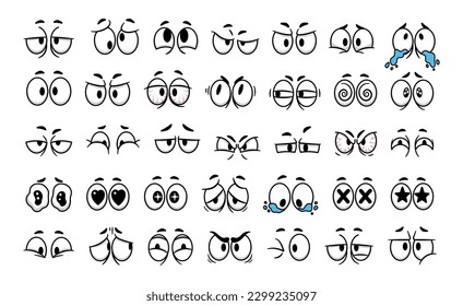 Cartoon eyes. Comic faces people eye and eyebrow expression. Facial emotion character, sad and smile, angry and happy human emotions. Vector set. Scared, tired and crying feeling for avatar