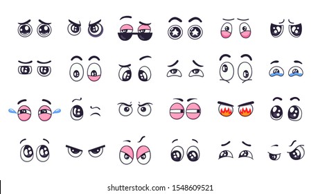 Cartoon eyes. Comic funny expression eyes with various emotions, crying eyes, laughing, angry and cute winking eyes isolated vector illustration set. Expressive vision. Staring, looking