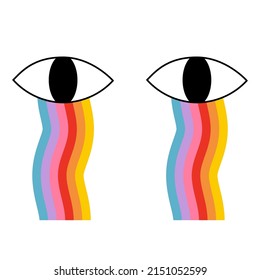 Cartoon eyes cry with rainbows. Psychedelic doodle vector illustration.