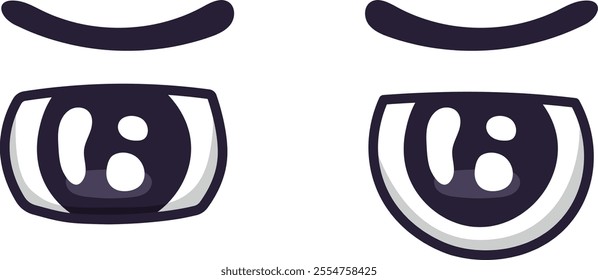 Cartoon eyes are expressing boredom or sadness, featuring dark pupils, curved eyebrows, and simple shapes, suitable for various design projects needing a touch of expressiveness