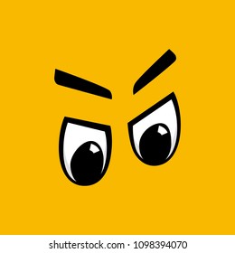 Cartoon Eyes With Eyebrows And Black Pupils With Highlight On Yellow Background. Angry, Suspicious Expression.