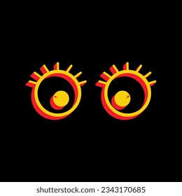 Cartoon eyes with eyelashes. 3D Extruded Yellow Icon with Red Sides a Black background. Illustration.