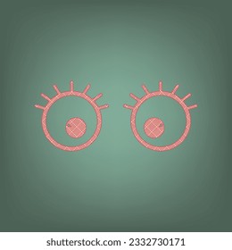 Cartoon eyes with eyelashes. Apricot Icon with Brick Red parquet floor graphic pattern on a Ebony background. Feldgrau. Green. Illustration.