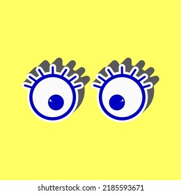 Cartoon eyes with eyelashes. Blue Icon with white stroke in 3d at yellow Background. Illustration.