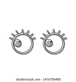 Cartoon eyes with eyelashes. Looking to the left. Black line icon with gray shifted flat filled icon on white background. Illustration.