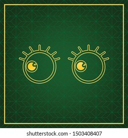 Cartoon eyes with eyelashes. Looking to the left. Golden icon with gold contour at dark green gridded white background. Illustration.